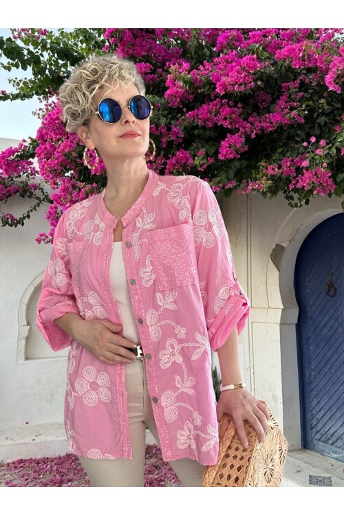 Getto İtalyan Çiçek Brode Detaylı Pamuk Gömlek Pembe