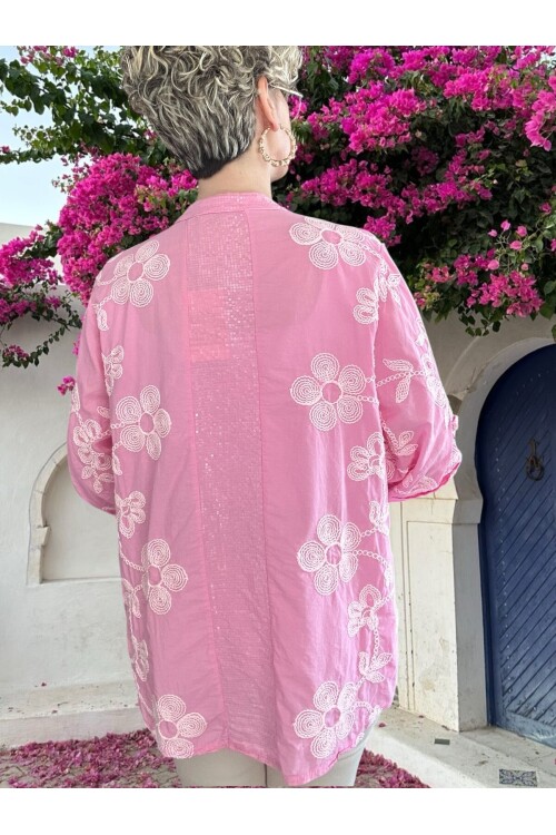 Getto İtalyan Çiçek Brode Detaylı Pamuk Gömlek Pembe