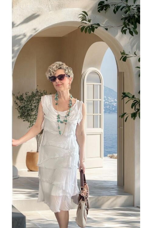 Ginza İthal Katmanlı İpek Tasarım Elbise Beyaz