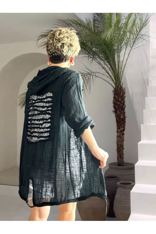 Grande İthal Kapşonlu Arka Pul Detay Ceket Siyah