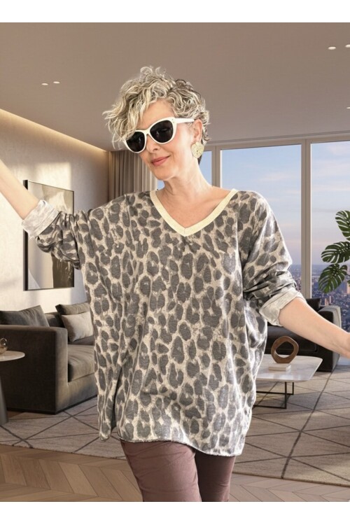 Hanna İtalyan Leopar Desen Simli Bluz Vizon