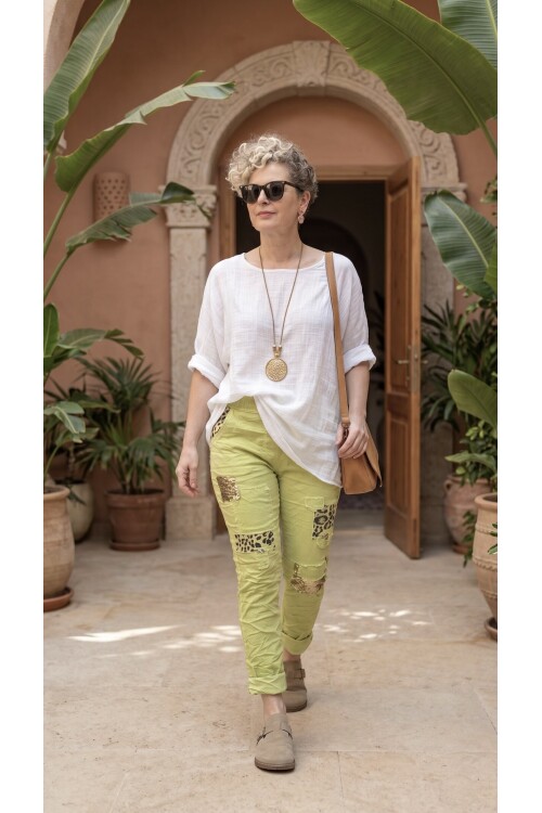 İtaliana Leopar Desen Pul Detaylı Sihirli Pantolon Elma Yeşil