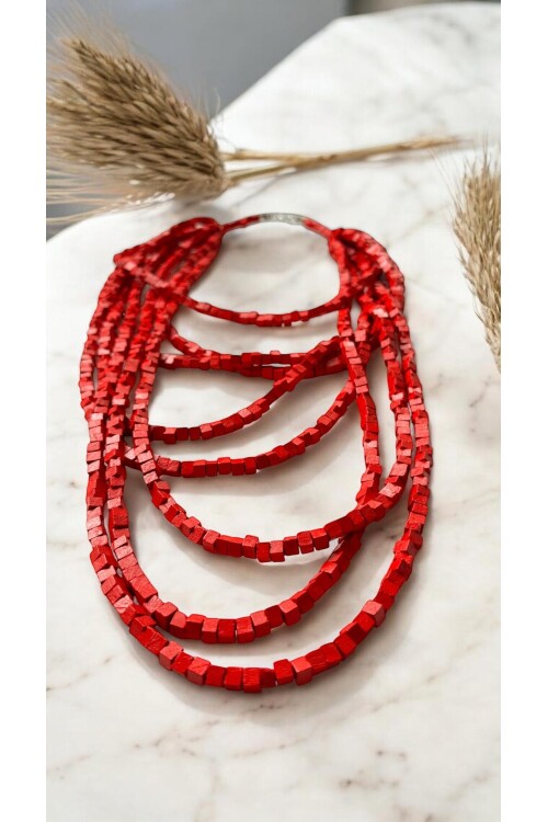 Kırmızı Tahta Otantik Sekiz Sıra Kolye