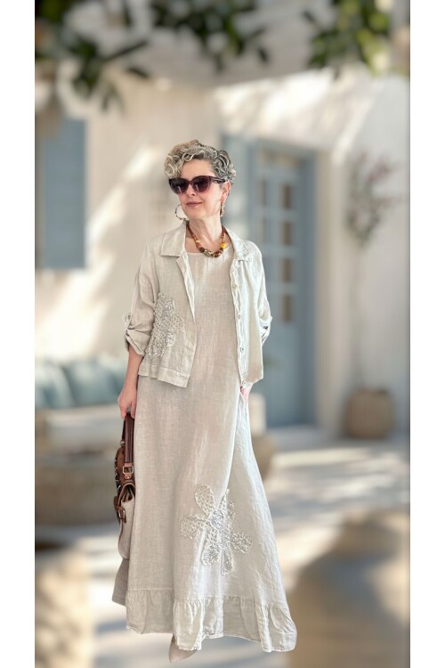 Kubba İthal %100 Linen Ceket & Kolsuz Elbise Takımı Papatya Beige