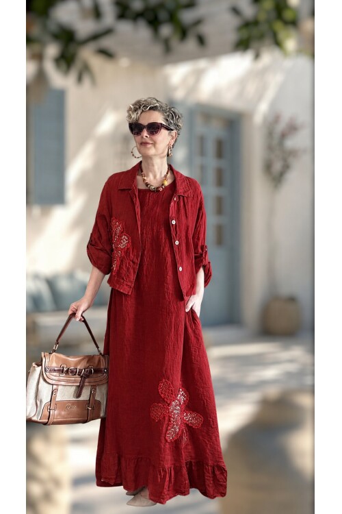Kubba İthal %100 Linen Ceket & Kolsuz Elbise Takımı Papatya Bordo