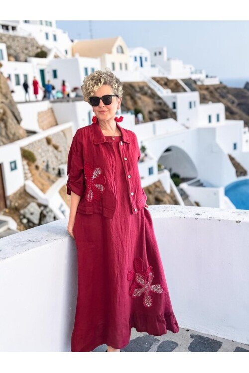 Kubba İthal %100 Linen Ceket & Kolsuz Elbise Takımı Papatya Bordo