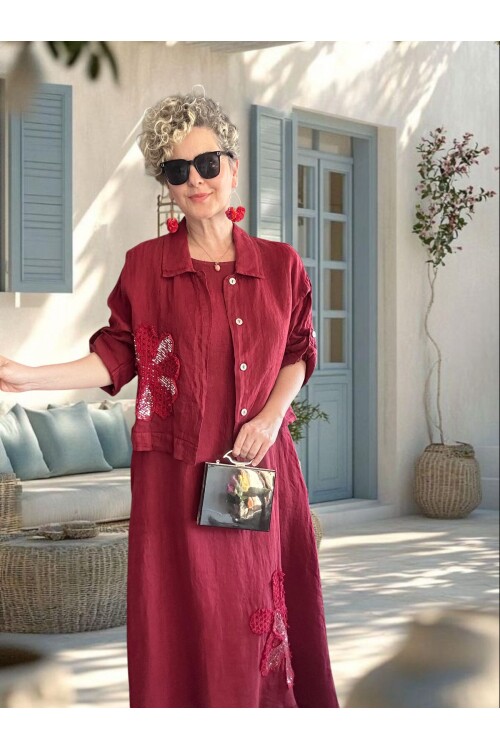 Kubba İthal %100 Linen Ceket & Kolsuz Elbise Takımı Papatya Bordo