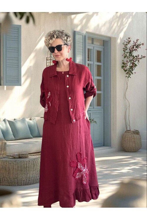 Kubba İthal %100 Linen Ceket & Kolsuz Elbise Takımı Papatya Bordo