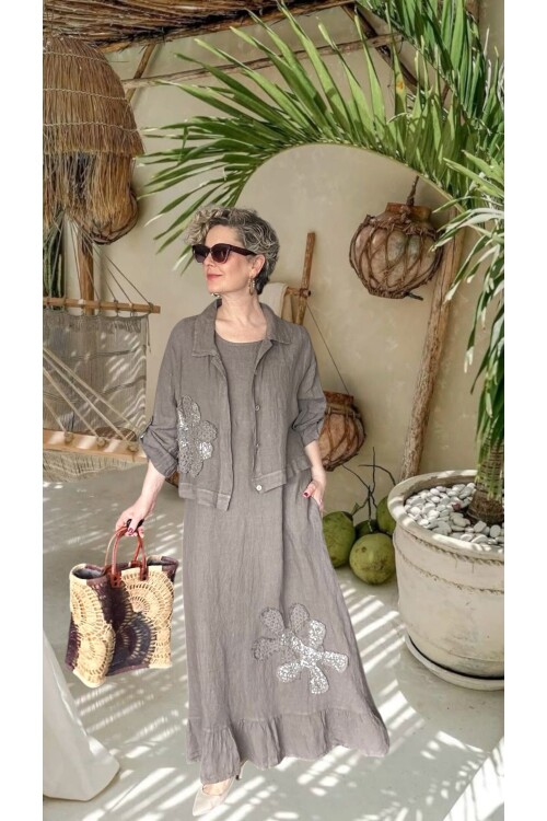 Kubba İthal %100 Linen Ceket & Kolsuz Elbise Takımı Papatya Fango