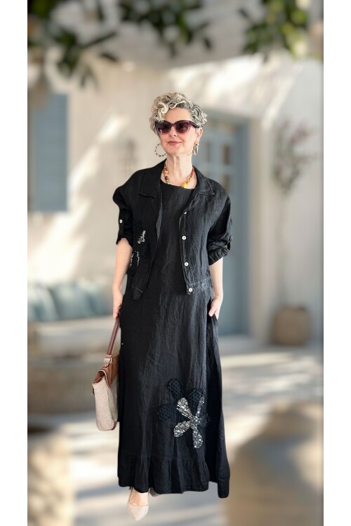 Kubba İthal %100 Linen Ceket & Kolsuz Elbise Takımı Papatya Siyah