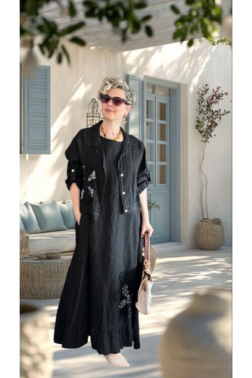 Kubba İthal %100 Linen Ceket & Kolsuz Elbise Takımı Papatya Siyah