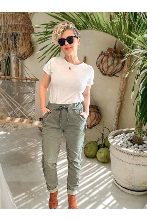 Lecce İtalyan Sihirli İnce Taş Şerit Detay Pantalon Haki