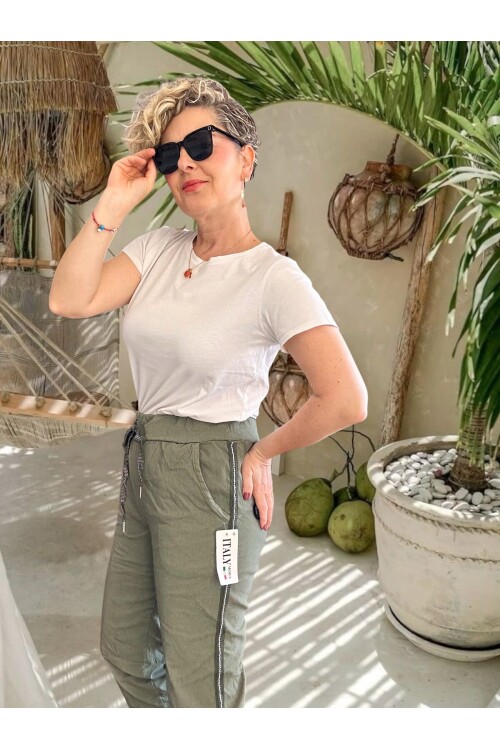 Lecce İtalyan Sihirli İnce Taş Şerit Detay Pantalon Haki