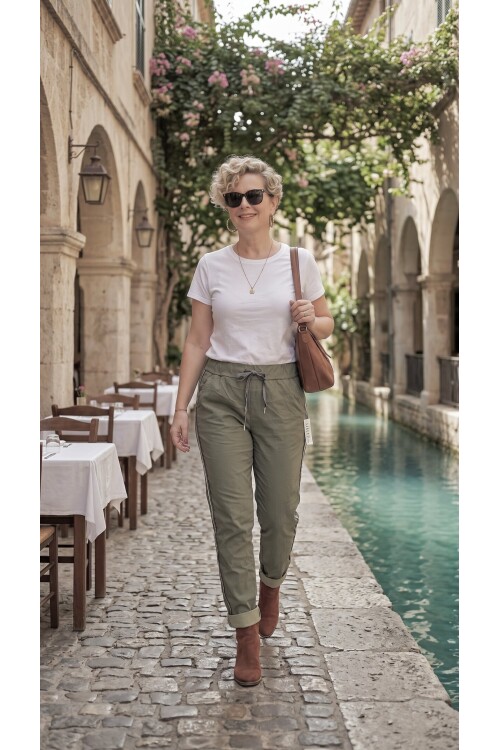 Lecce İtalyan Sihirli İnce Taş Şerit Detay Pantalon Haki