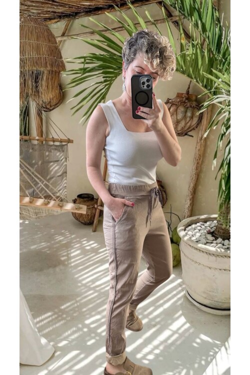 Lecce İtalyan Sihirli İnce Taş Şerit Detay Pantalon Vizon