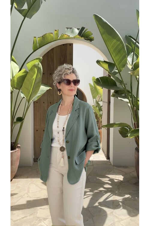 Lesso İtalyan Blazer Keten Ceket Haki Yeşil
