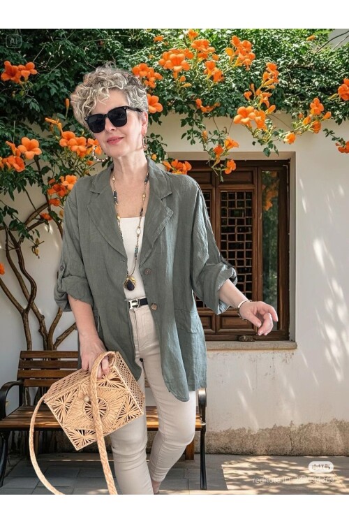 Lesso İtalyan Blazer Keten Ceket Haki Yeşil