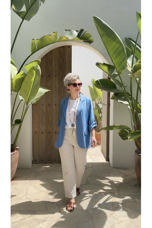 Lesso İtalyan Blazer Keten Ceket Jeans Mavi