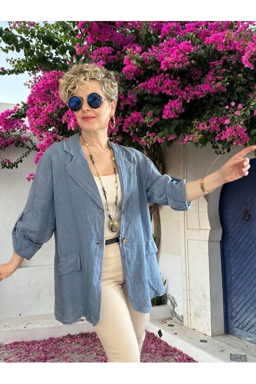 Lesso İtalyan Blazer Keten Ceket Jeans Mavi