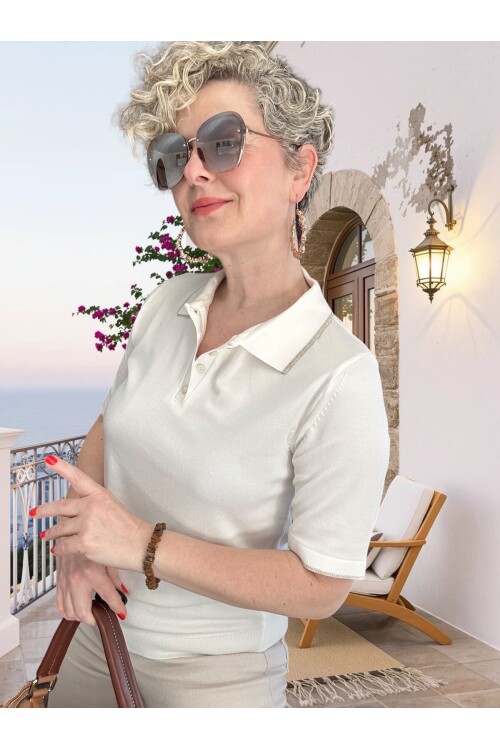 Lino Sim Şeritli Artizan Polo Yaka Triko Bluz Ekru