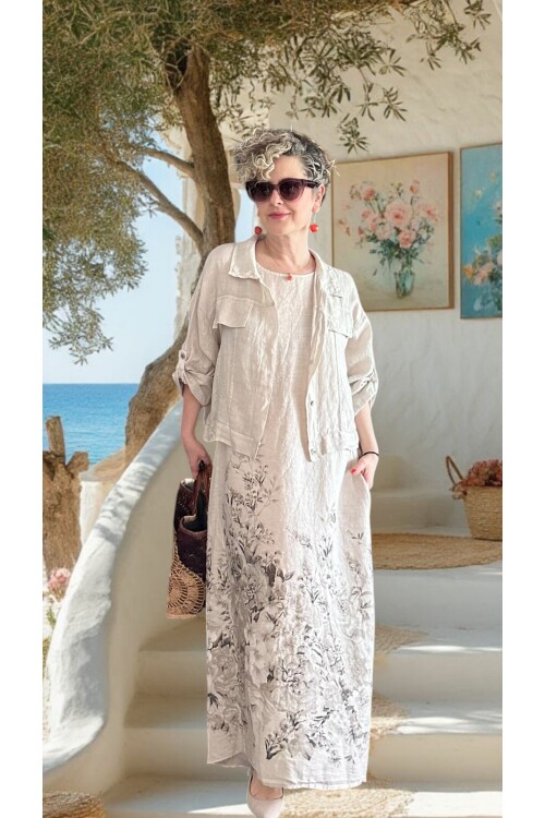 Lunera | İthal %100 Linen Ceket & Desenli Maksi Elbise Takımı Bej