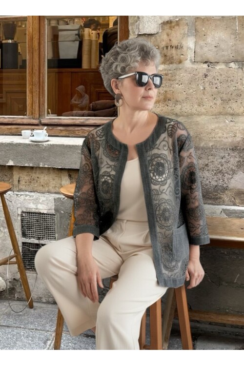 Lunna İtalyan Dantel Nakışlı Ceket Antrasit