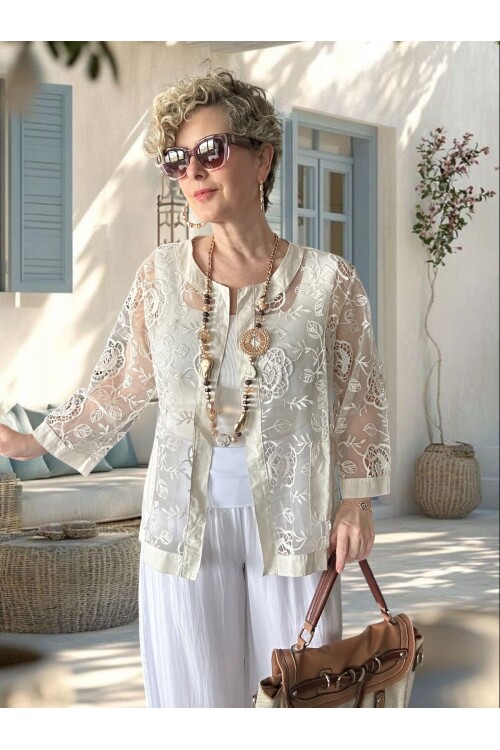 Lunna İtalyan Dantel Nakışlı Ceket Beige