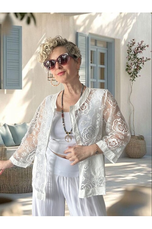 Lunna İtalyan Dantel Nakışlı Ceket Beyaz