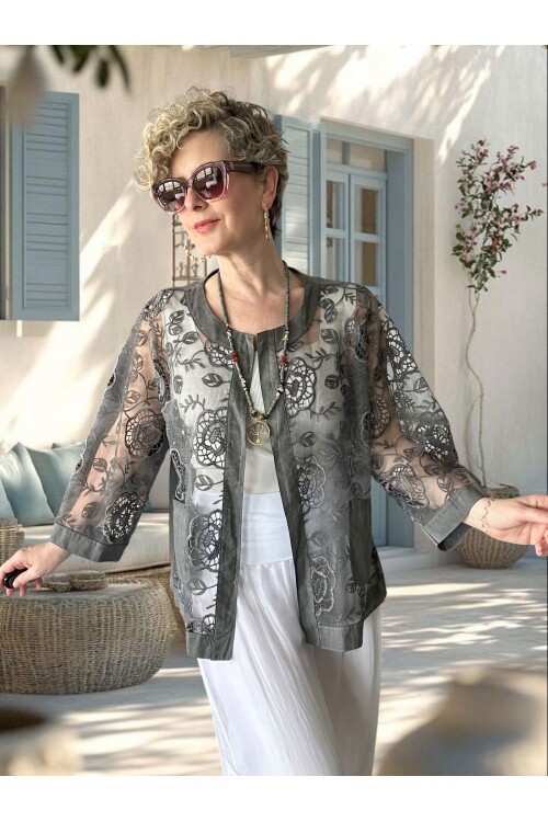 Lunna İtalyan Dantel Nakışlı Ceket Gri