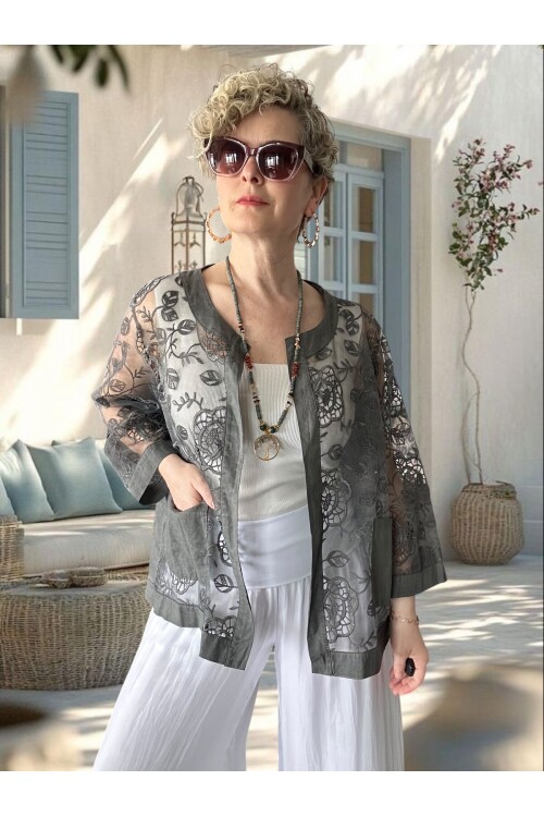 Lunna İtalyan Dantel Nakışlı Ceket Gri