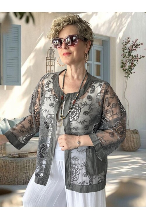 Lunna İtalyan Dantel Nakışlı Ceket Gri