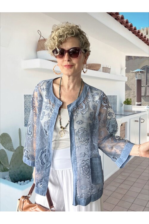 Lunna İtalyan Dantel Nakışlı Ceket İndigo