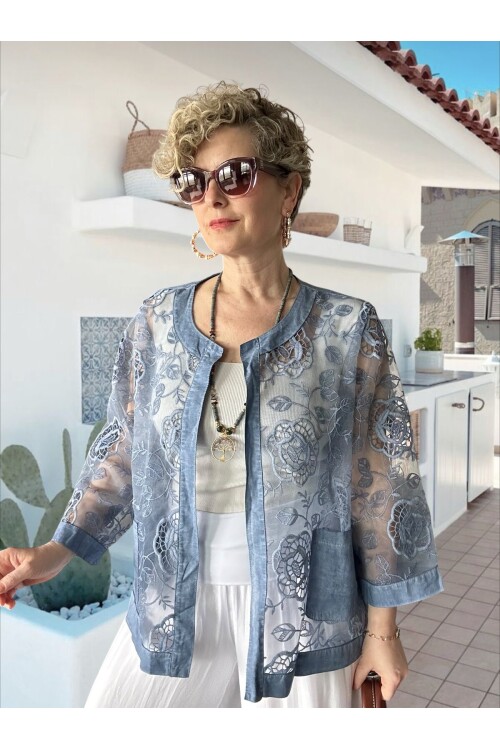 Lunna İtalyan Dantel Nakışlı Ceket İndigo