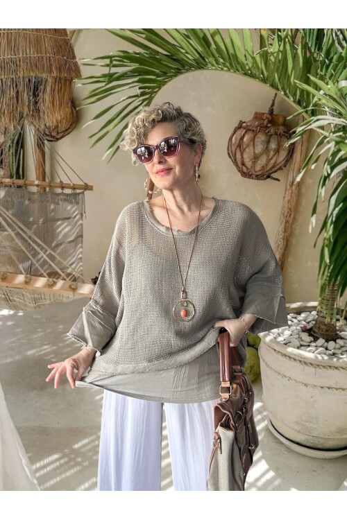 Maggli İthal Geniş Kol File Bluz & Atlet Seti (Kolyeli) Fango