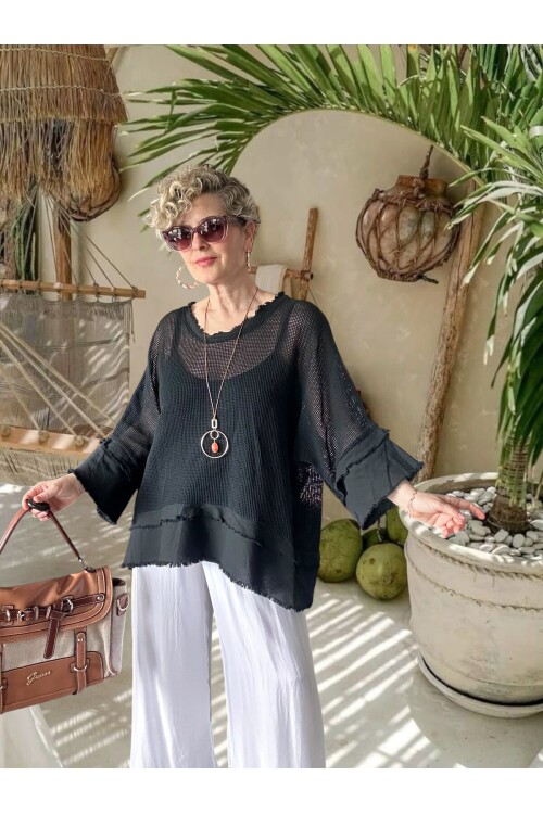 Maggli İthal Geniş Kol File Bluz & Atlet Seti (Kolyeli) Siyah