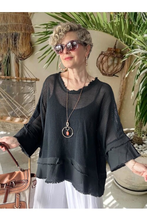 Maggli İthal Geniş Kol File Bluz & Atlet Seti (Kolyeli) Siyah