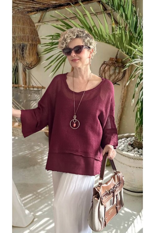 Maggli İthal Geniş Kol File Bluz & Atlet Seti (Kolyeli) Vişne Çürüğü