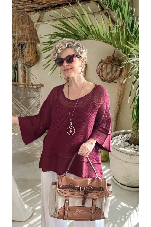 Maggli İthal Geniş Kol File Bluz & Atlet Seti (Kolyeli) Vişne Çürüğü