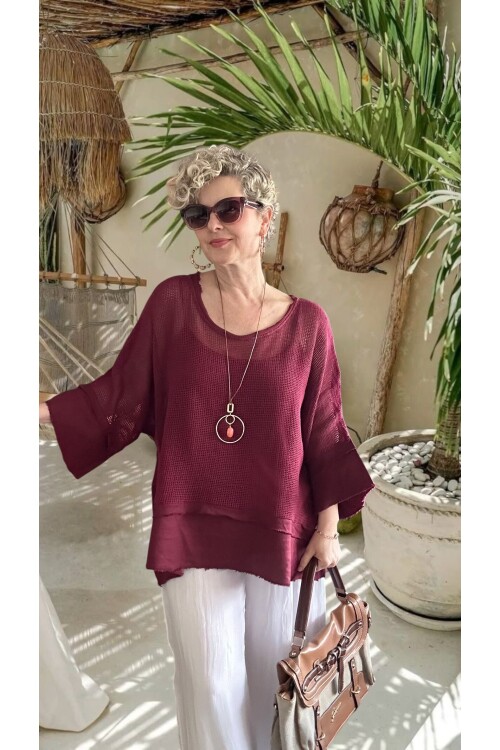 Maggli İthal Geniş Kol File Bluz & Atlet Seti (Kolyeli) Vişne Çürüğü