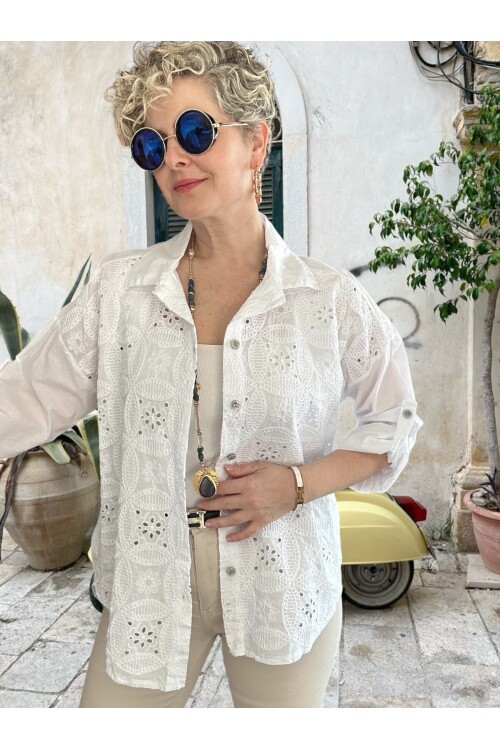 Mayya İtalyan Çiçek Fisto Detaylı Gömlek Beyaz