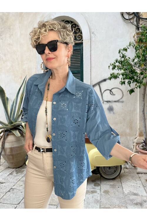 Mayya İtalyan Çiçek Fisto Detaylı Gömlek İndigo Mavi