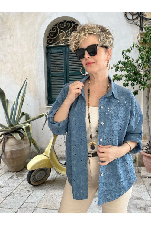 Mayya İtalyan Çiçek Fisto Detaylı Gömlek İndigo Mavi