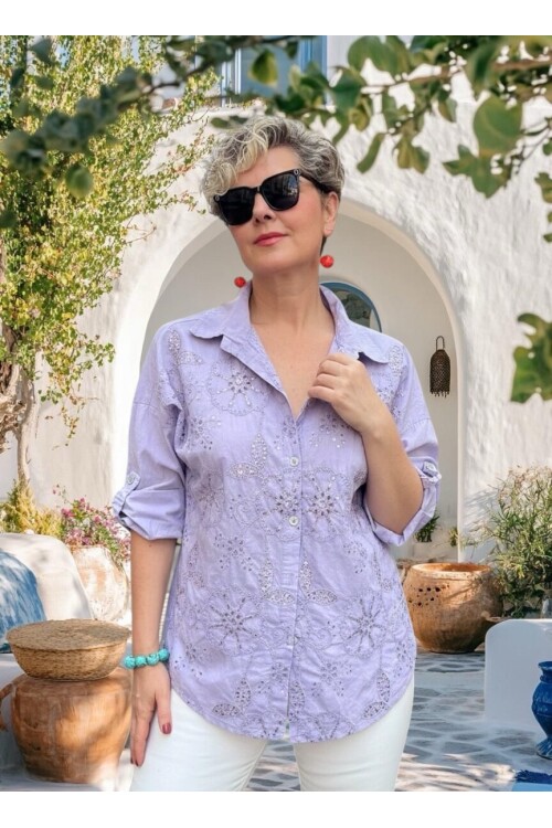 Melly İtalyan Fisto Pul Detay Gömlek Eflatun