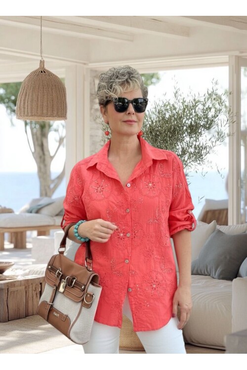 Melly İtalyan Fisto Pul Detay Gömlek Mercan