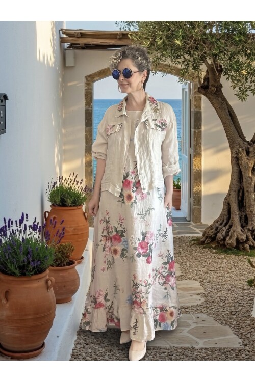Mengotti | İthal %100 Linen Ceket & Kolsuz Elbise Takımı Beige