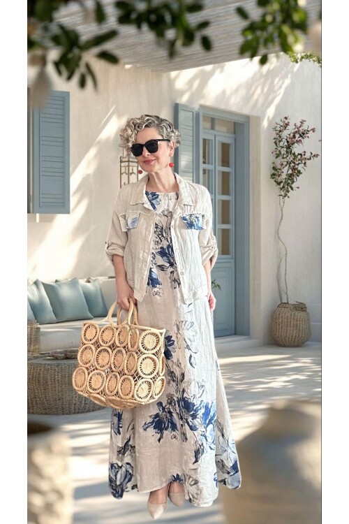 Mikka İthal %100 Linen Ceket & Kolsuz Elbise Takımı Beige