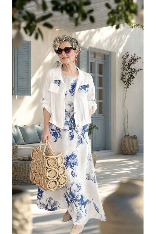 Mikka İthal %100 Linen Ceket & Kolsuz Elbise Takımı Beyaz