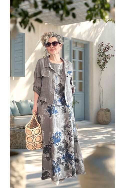 Mikka İthal %100 Linen Ceket & Kolsuz Elbise Takımı Fango