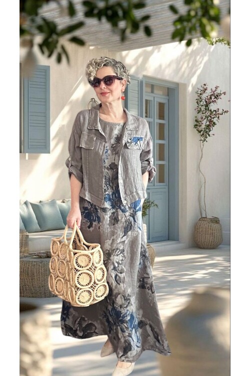 Mikka İthal %100 Linen Ceket & Kolsuz Elbise Takımı Fango