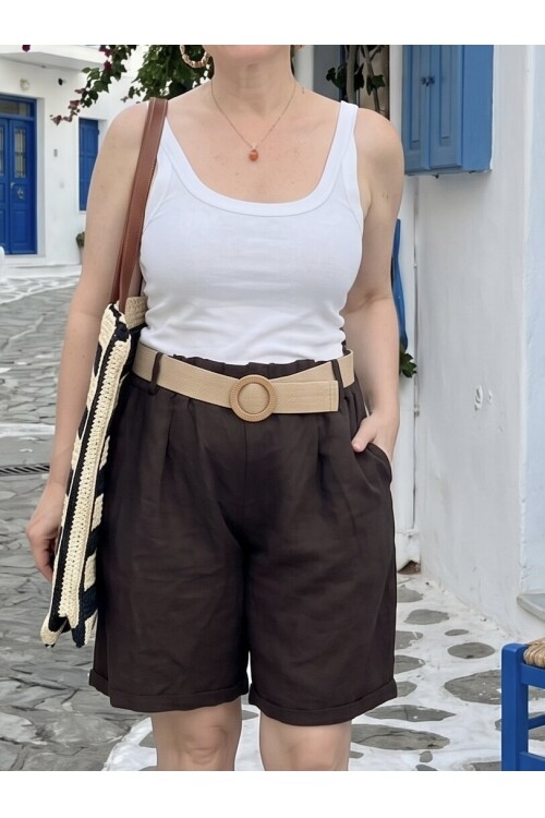 Mira | İtalyan Kemerli %100 Linen Şort Kahve